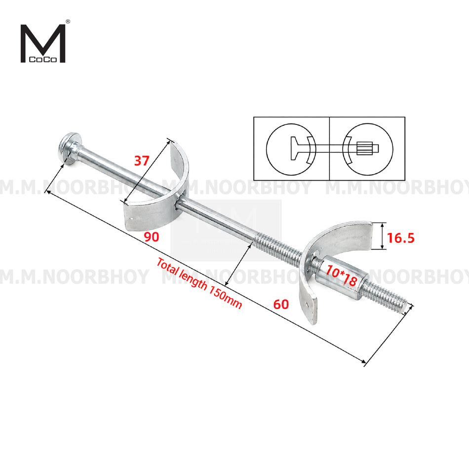 Mcoco Maxi Connector, M6 x 150mm Executive Desk Connector heavy-duty steel connector bolt (62g) designed to securely join office desk panels. Features pre-fitted crescent washers and a threaded nut for fast, rigid assembly - Each - MCO/MACO/M6X150