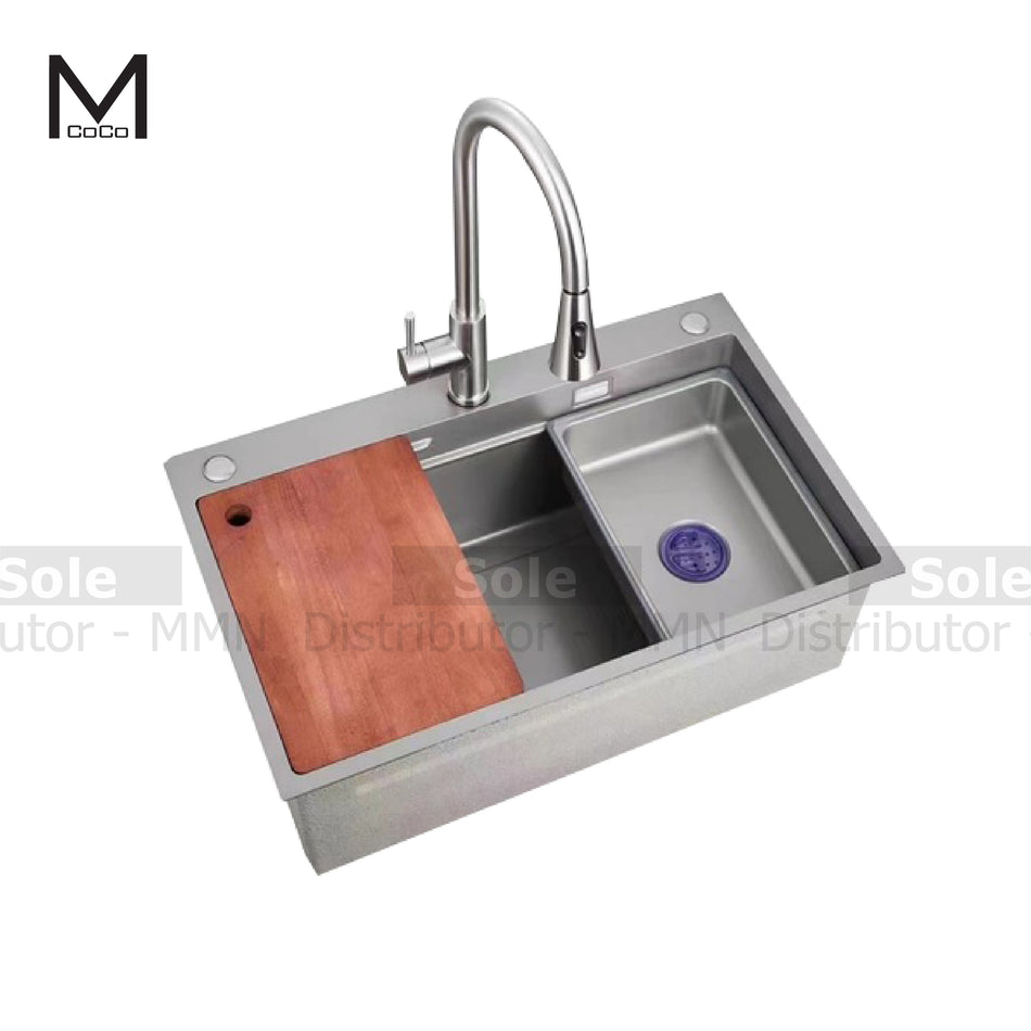 Mcoco Kitchen Sink Single Bowl SS201 PVD - Gun Grey with Small Basin and Cutting Board 750x460mm - MCO7546SINK/GRY