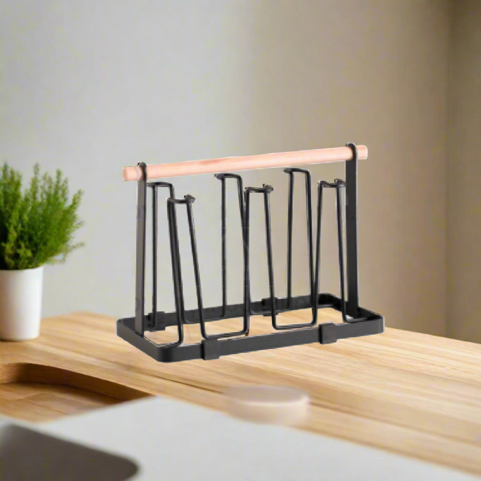 Mcoco Steel Black Color Cup Drying Rack Drainer Stand Holder with Wooden Handle Each - YI-1884B