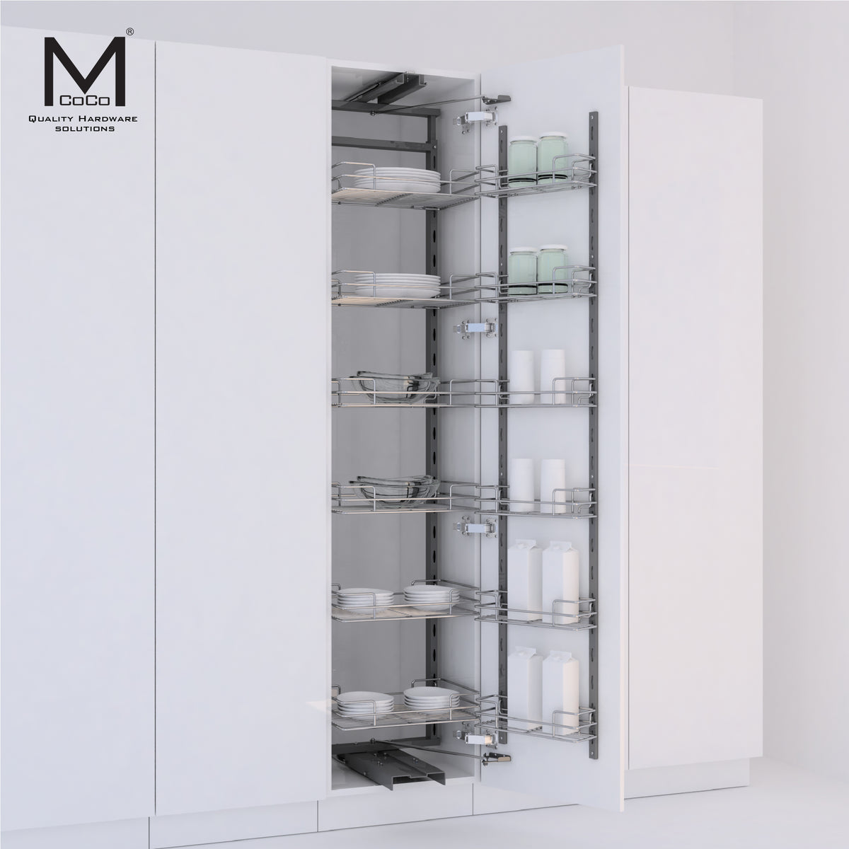 A white kitchen cabinet shown open to reveal a tall, narrow pull-out pantry rack with multiple wire shelves holding dishes and bottles. The cabinet doors are white, and the interior shelving is metallic gray.