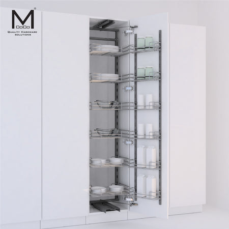 A white kitchen cabinet shown open to reveal a tall, narrow pull-out pantry rack with multiple wire shelves holding dishes and bottles. The cabinet doors are white, and the interior shelving is metallic gray.