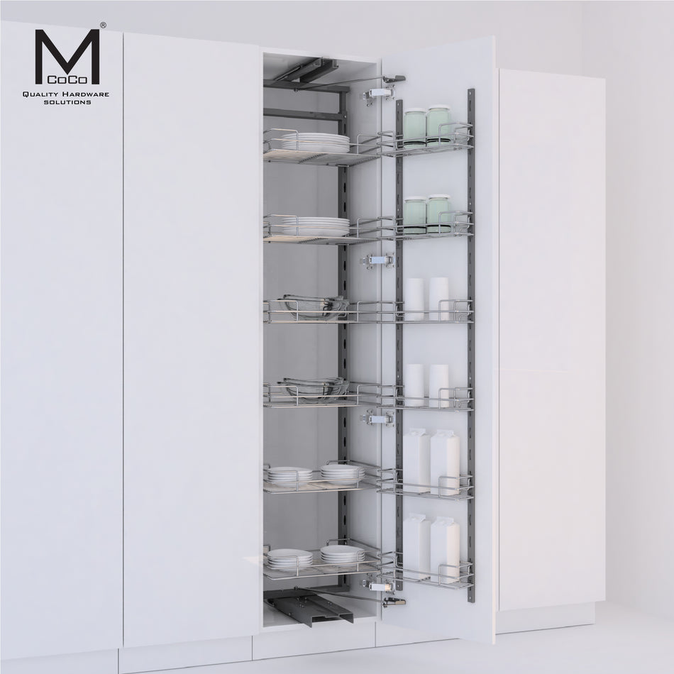 A white kitchen cabinet shown open to reveal a tall, narrow pull-out pantry rack with multiple wire shelves holding dishes and bottles. The cabinet doors are white, and the interior shelving is metallic gray.