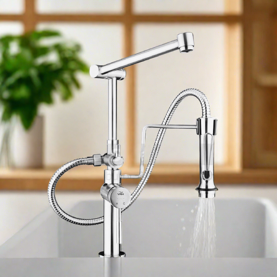 VRH Deck Single Control Mixer Sink Faucet With Shower Set, Stainless Steel - HFVSP.1001A9