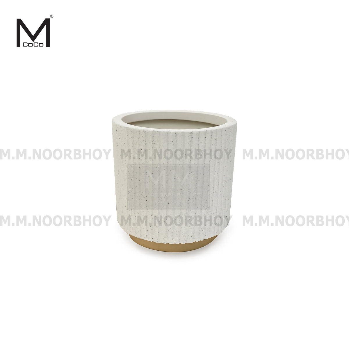White textured ceramic planter on a white background with M.M. Noorbhooy branding.