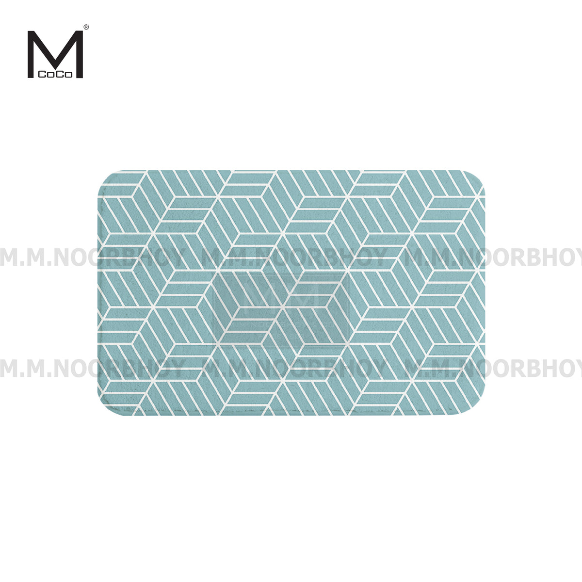 A rectangular printed bathroom floor mat with a geometric pattern in light sea green and white colors