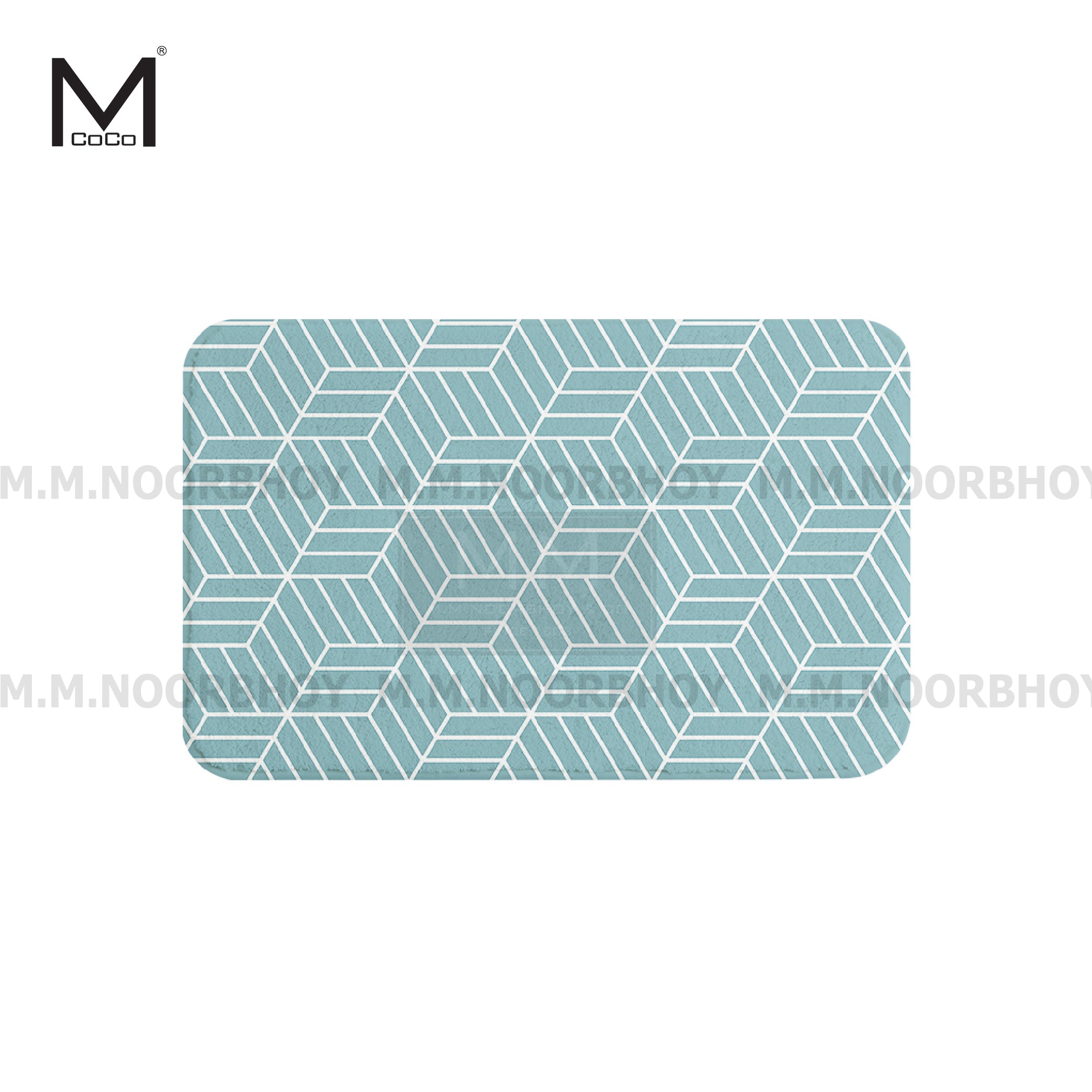 A rectangular printed bathroom floor mat with a geometric pattern in light sea green and white colors