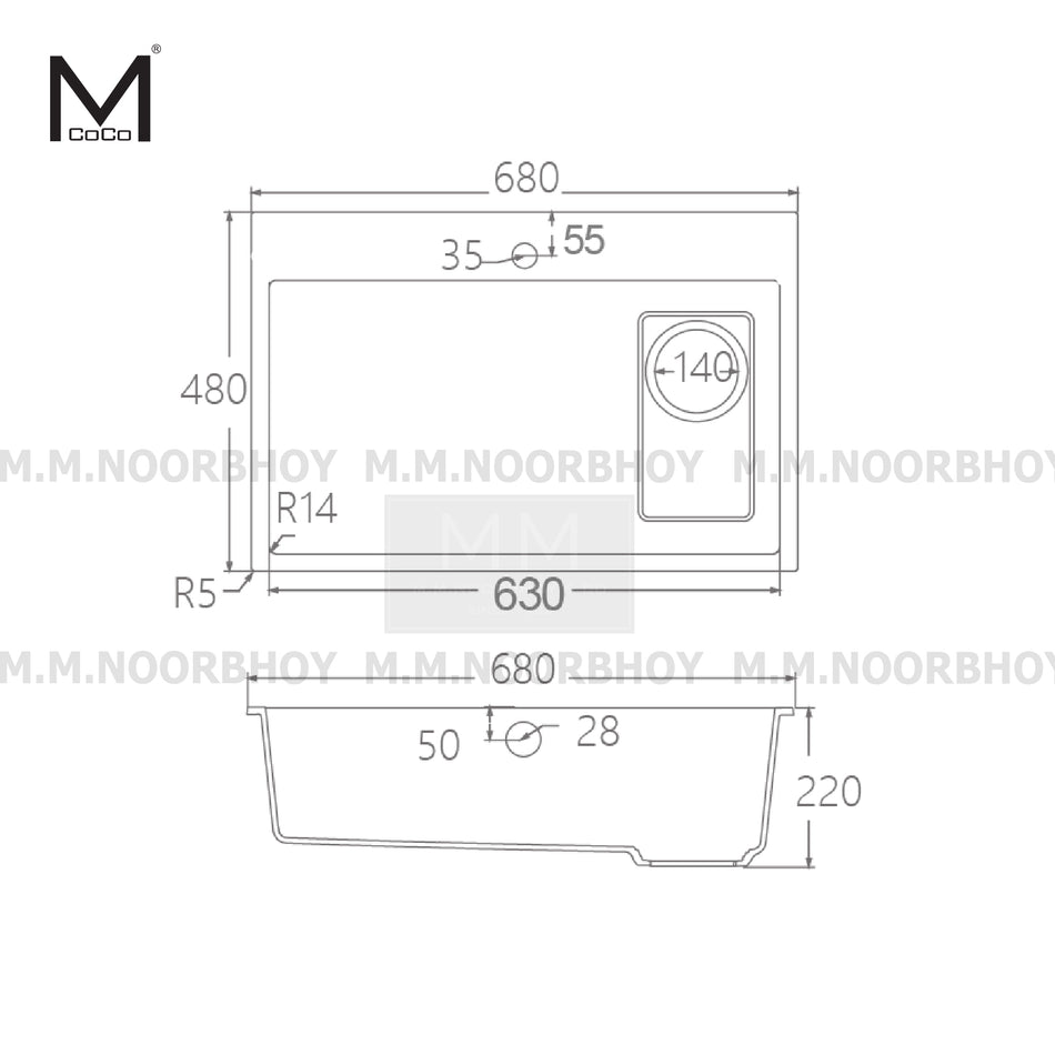 Mcoco Melamine Sink With Drainer & Cover, Strainer Basket & Overflow Matt Black Finish Each - CO/MS/MB/SD006020Q-6848