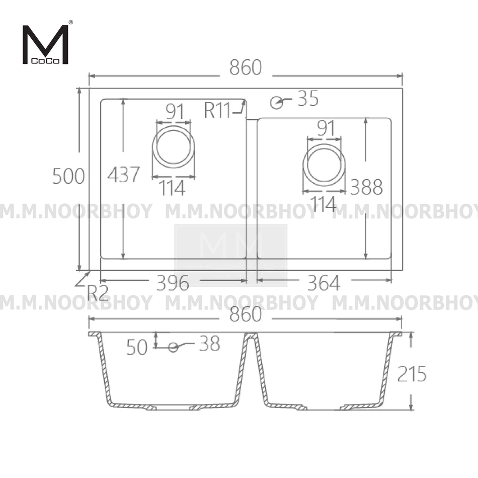 Mcoco Double Bowl Melamine Sink With Drainer & Overflow Matt Black Finish Each - MCO/MS/MB/SS001020Q-8650