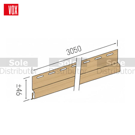 Wooden panel with dimensions and VOX logo on a white background