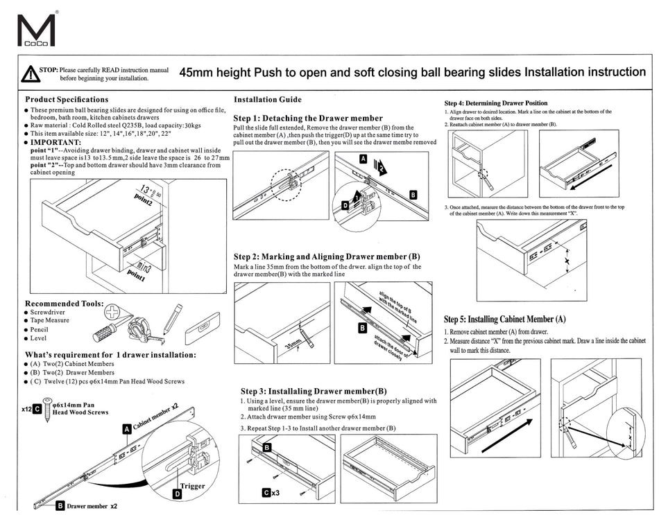 Mcoco Drawer Railing Inch Between 12 To 20 Soft Close & Push Open Ball Bearing Drawer Slide Pair - XNA2644