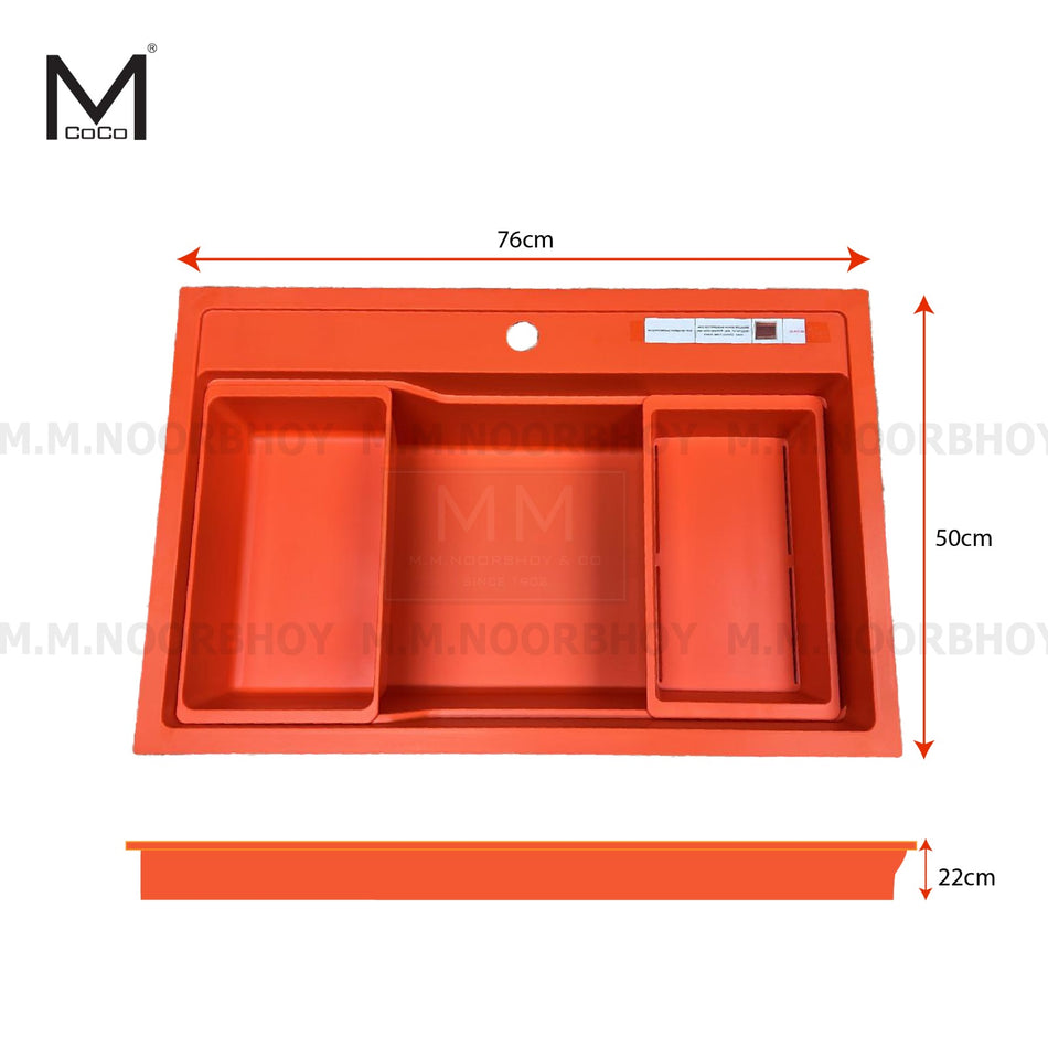 Mcoco Melamine Sink with Drainer Rectangular Design Matt Orange Finish - MCO/MS/MORA/SD0060700-7650