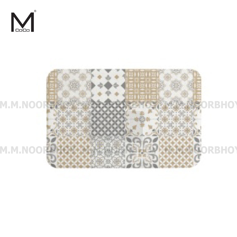 A rectangular beige, white, and grey geometric patterned floor mat.
