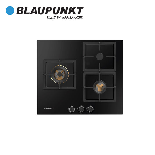 Blaupunkt Gas Hob with 3 Burner, Dimension 8.07x59.0x51.0cm, 60cm, කළු වීදුරු, වාත්තු යකඩ - BLAU5GH65BB390 