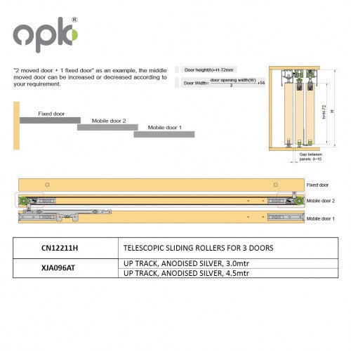 Opk Sliding Telescopic Cable System Roller Set (For 3 Door) , Door Weight 80Kg - OPKCN12211H