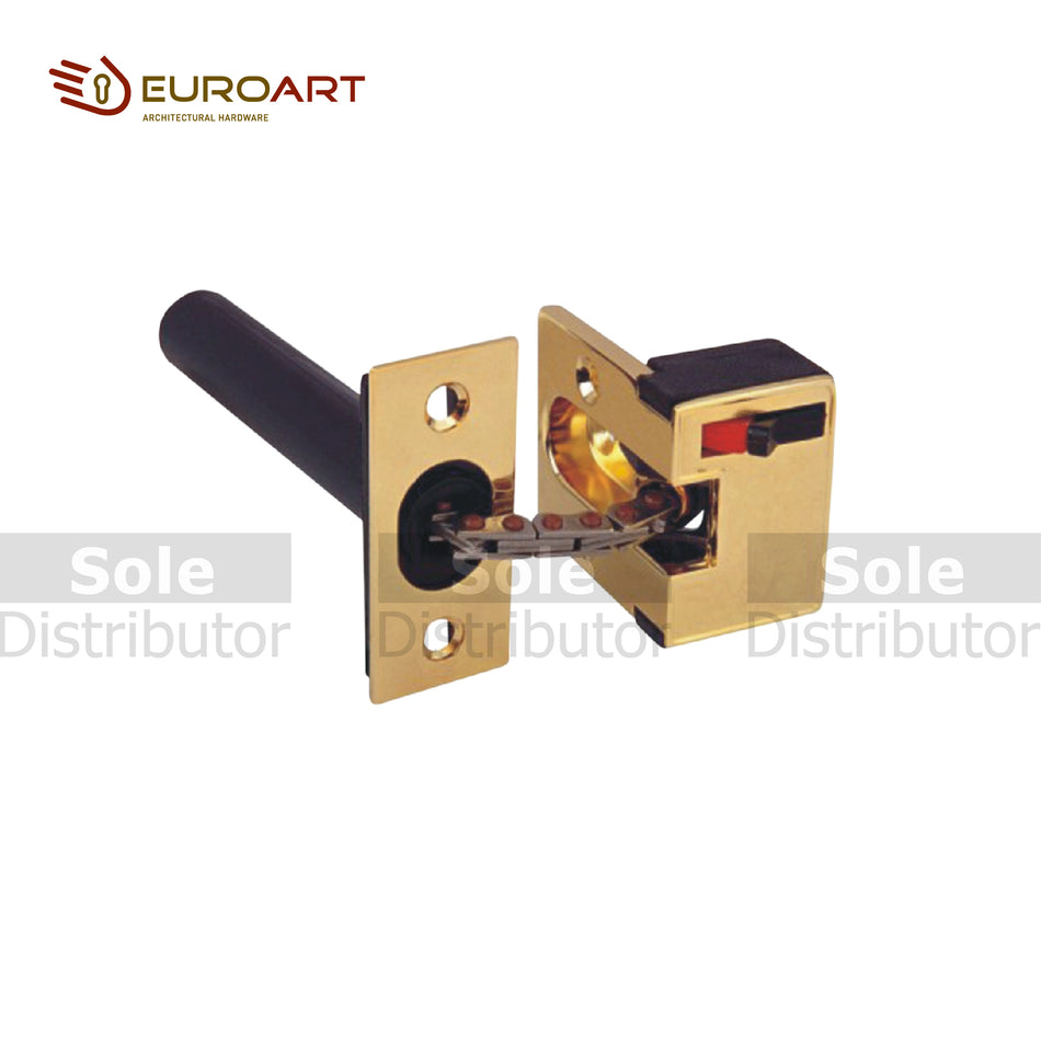 Euro Art Door Chain - A concealed door chain with a stainless steel finish, featuring a black plastic cover and metallic components.