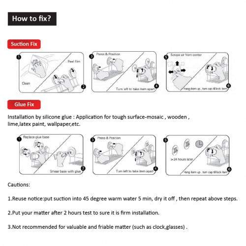 Suction cup hooks shower can be mounted with suction or glue, use in the bathroom, or toilet. You can easy to fix on the wall, put soap on it without the mess.