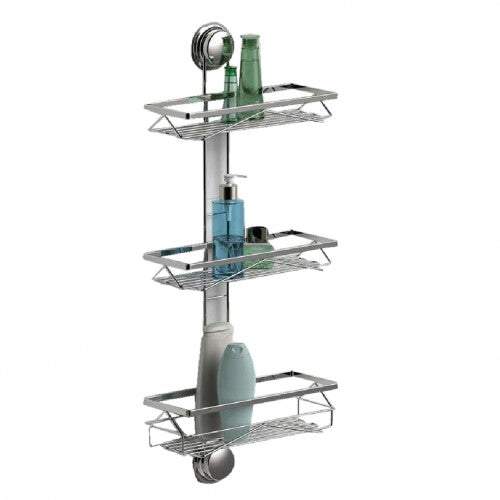 The bathroom suction shelf is designed with 3 tiers shelves for bathroom storage.  It can be mounted beside the wall corner with heavy-duty suction cups, the unique patented suction cap design is stable and easy to use in the bathroom.