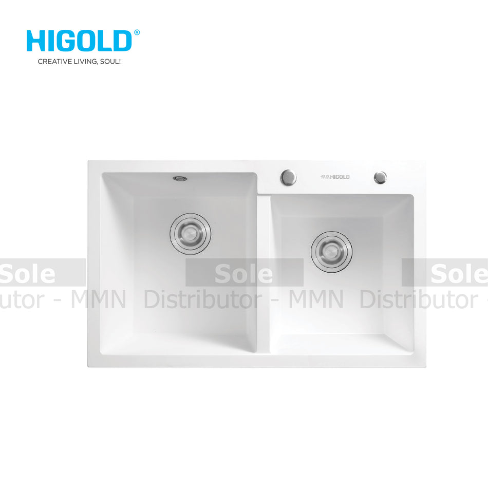 Higold Double Bowl Kitchen Sink Composite Dimension 860x500x200mm Black, White & Grey Colour - HGQ35008
