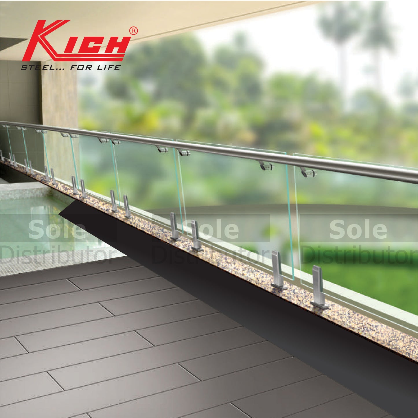 Kich Hand Rail Top Mounted Flat (Mini) Bracket System With Glass Stainless Steel 316 Grade - DT2-1-GLS