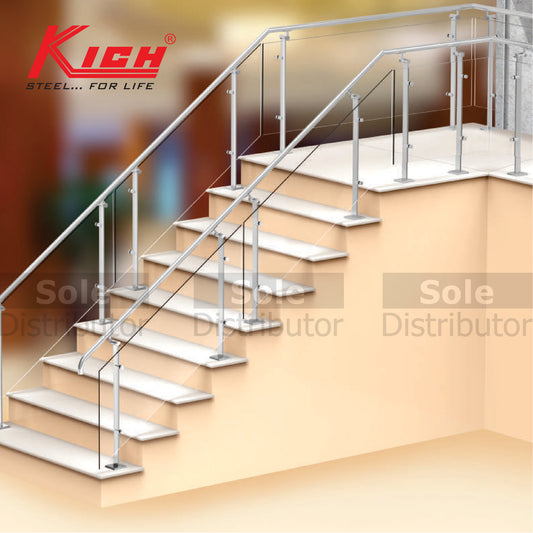Kich Hand Rail Top Mounted Flat (Hollow) Baluster System With Glass Stainless Steel 316 Grade - DT22-3-GLS