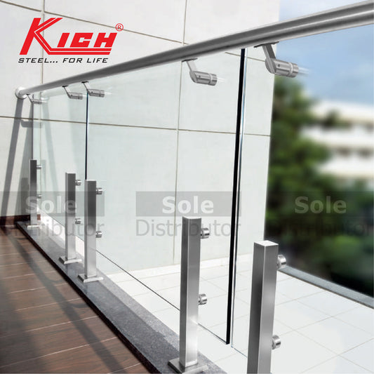 Kich Hand Rail Top Mounted Square (Short) Baluster System With Glass Stainless Steel 316 Grade - DT32-1-GLS