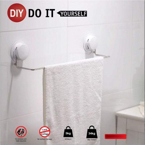 Suction towel rail holder for bathrooms is simple for hanging one piece big shower towel or several small towels.  The stainless steel wire bar is strong rust-proof, not like mild steel in chrome, even in the moisture bathroom environment, needn’t worry about rust stain.