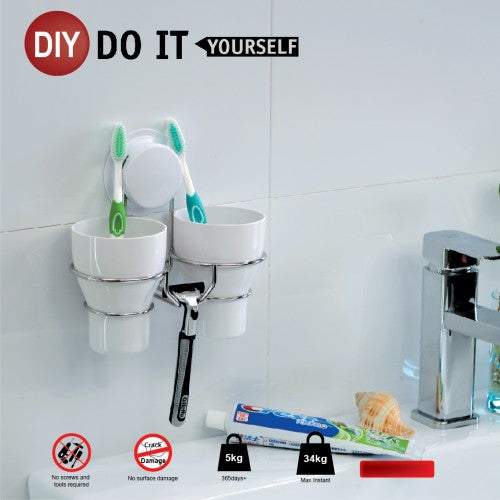 Toothbrush holder wall suction on the wall by a rubber vacuum cups,  with toothbrush cups for 2 people,  just like the suction cup toothbrush holder 260025 but for lover or couple.  As features, the plastic toothbrush holder comes with a black rubber vacuum cup, also with silicone glue accessory for the non-smooth bathroom wall surface. Whatever surface you want to mount the toothbrush holder, there is no damage solution.