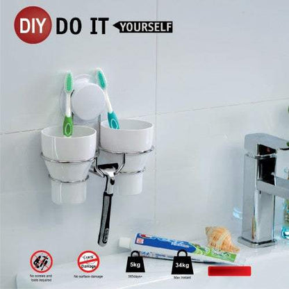 Toothbrush holder wall suction on the wall by a rubber vacuum cups,  with toothbrush cups for 2 people,  just like the suction cup toothbrush holder 260025 but for lover or couple.  As features, the plastic toothbrush holder comes with a black rubber vacuum cup, also with silicone glue accessory for the non-smooth bathroom wall surface. Whatever surface you want to mount the toothbrush holder, there is no damage solution.