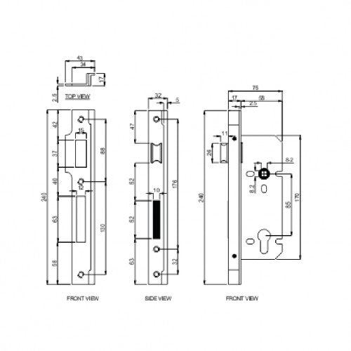 Kich Double Door Lock Body Left & Right Side, Size 45x85mm, Satin Fi