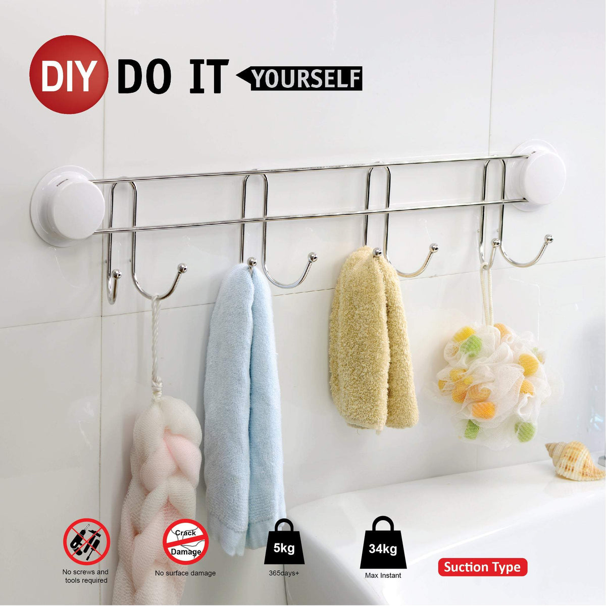 Suction hooks for the shower are designed with 8 towel hooks, suitable for hanging towels on the bathroom wall.  We can fix the bathroom hooks on the wall just minutes, never drill holes or screws. The heavy-duty suction cup helps stick on a smooth wall firmly.