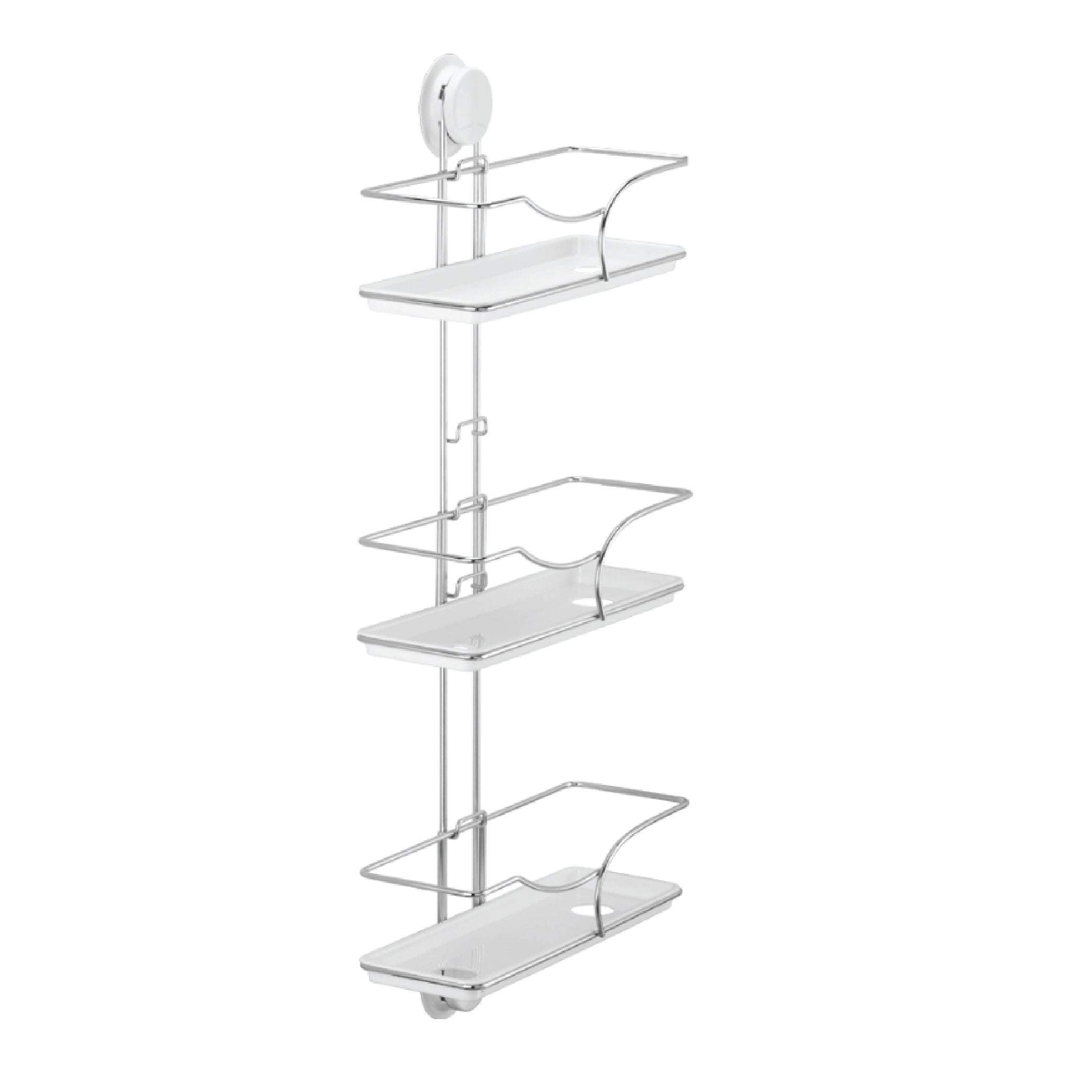 Suction bathroom shelves are designed with 3 tiers shelves for bathroom storage.  The main structure is stainless steel wire rack, rustproof in moisture bathroom.  3 shelves with Eco plastic PP bottom, water leak holes at the bottom, never stay water and stain.  It can be mounted beside the wall corner with heavy-duty suction cups, the unique patented suction cap design is stable and easy to use in the bathroom.