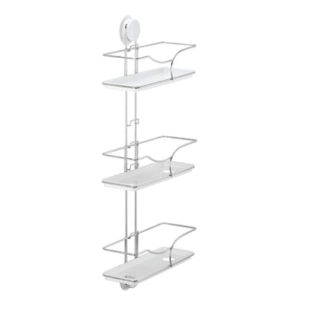 Suction bathroom shelves are designed with 3 tiers shelves for bathroom storage.  The main structure is stainless steel wire rack, rustproof in moisture bathroom.  3 shelves with Eco plastic PP bottom, water leak holes at the bottom, never stay water and stain.  It can be mounted beside the wall corner with heavy-duty suction cups, the unique patented suction cap design is stable and easy to use in the bathroom.