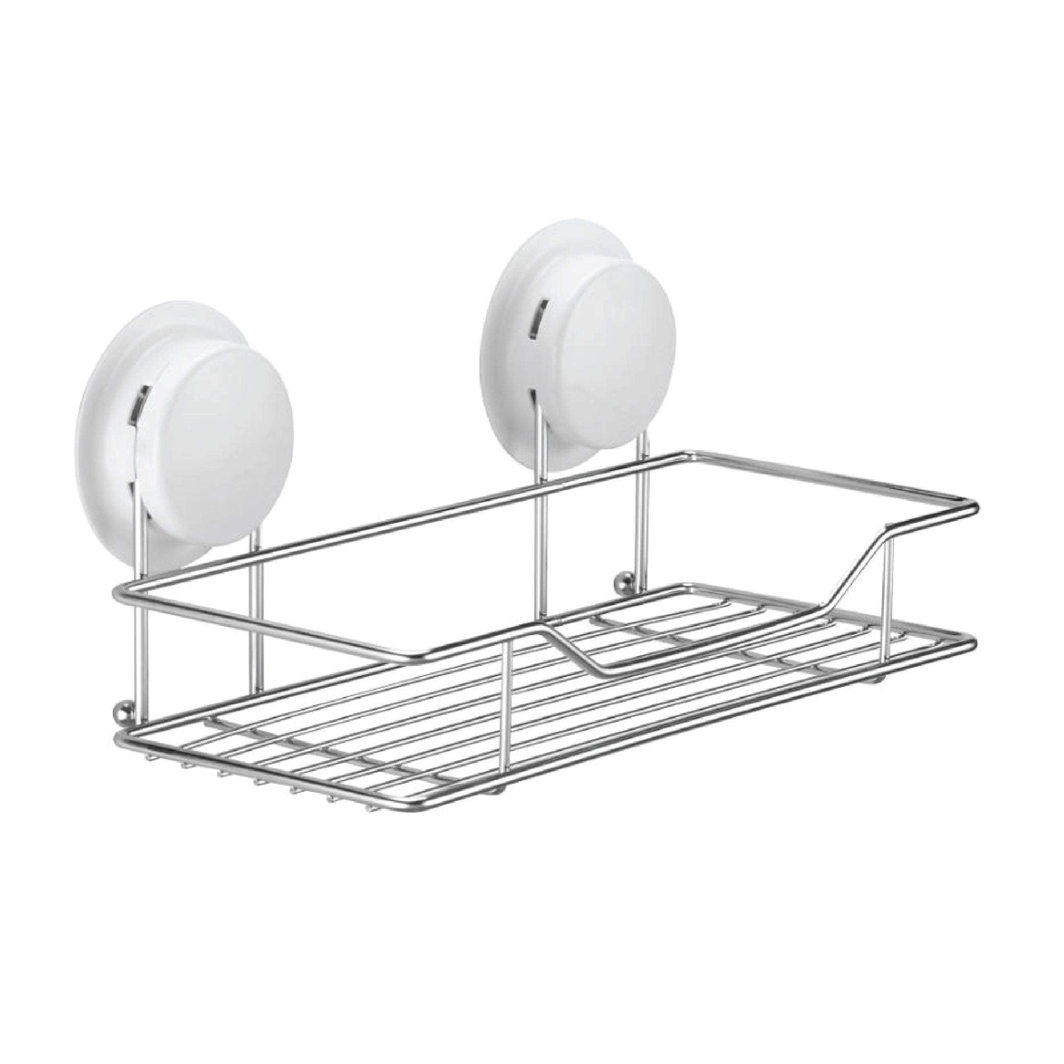 The Suction cup shelf is smaller than the item 260020 suction shelf, just meet smaller space in the bathroom.  The bathroom racks with a stainless steel wire basket, resistant to rust, even in moisture bathroom.