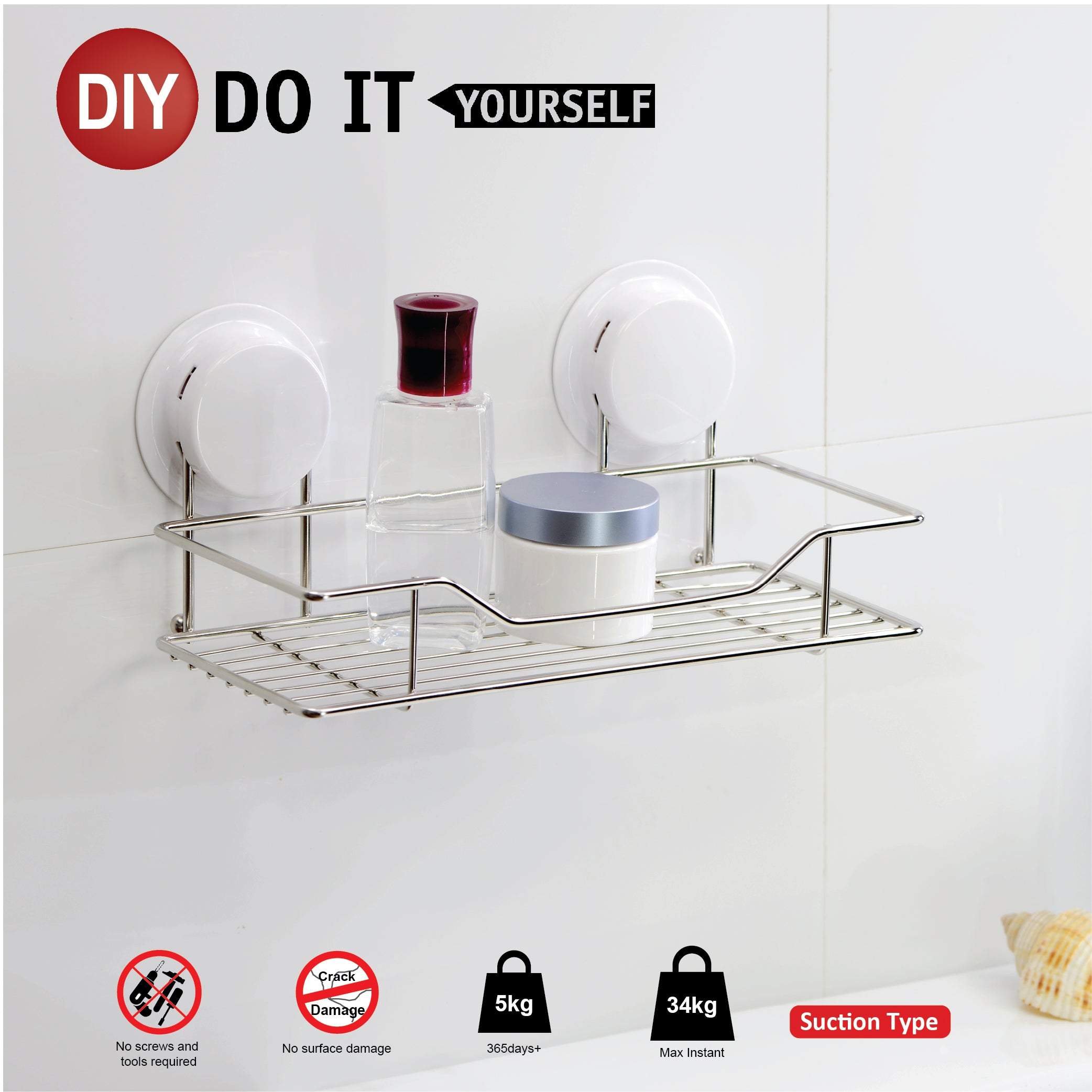 The Suction cup shelf is smaller than the item 260020 suction shelf, just meet smaller space in the bathroom.  The bathroom racks with a stainless steel wire basket, resistant to rust, even in moisture bathroom.