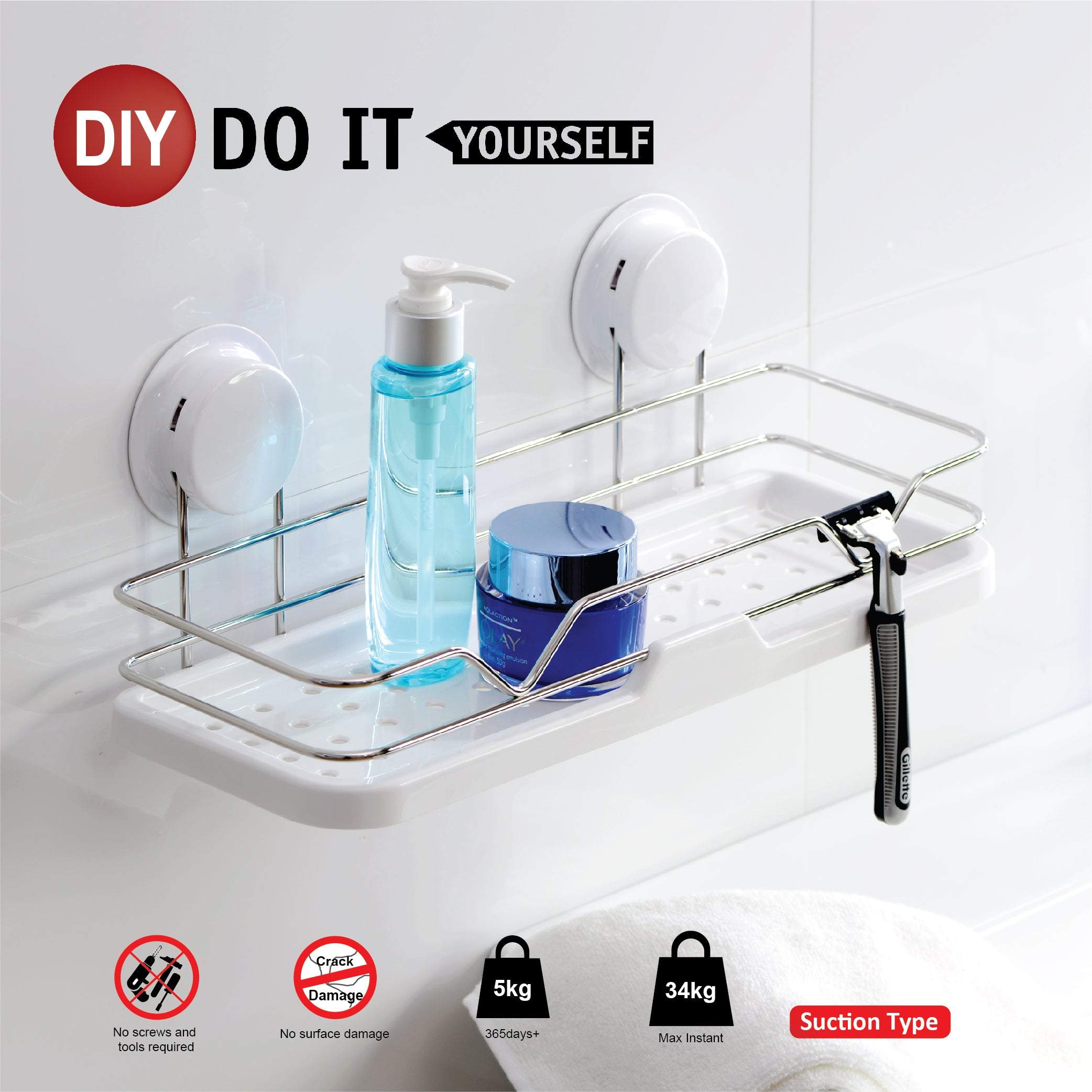 Shower holder suction is designed with drain holes at the bottom of bath shelves, easy to clean, and dry.  No drilling required solution, suction cup, or silicone glue accessories. Never drilling and damage the wall surface.