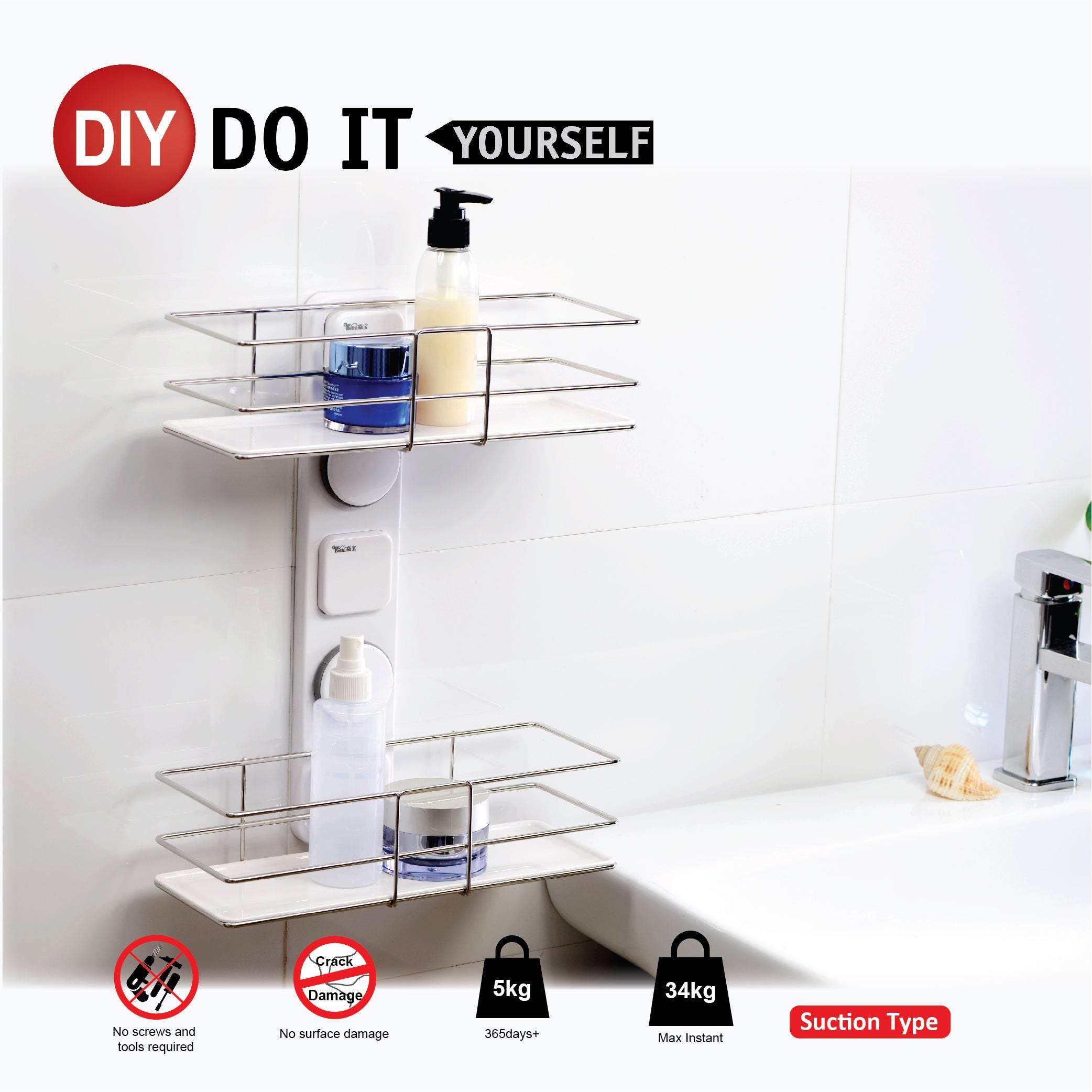 Suction cup shower shelf can be used in a bathroom or kitchen room, with suction cups fix on the nonporous surfaces like glazed ceramic, tile, glass; Also offer glue fixings for the rough surfaces like lime, paint, wooden wall.