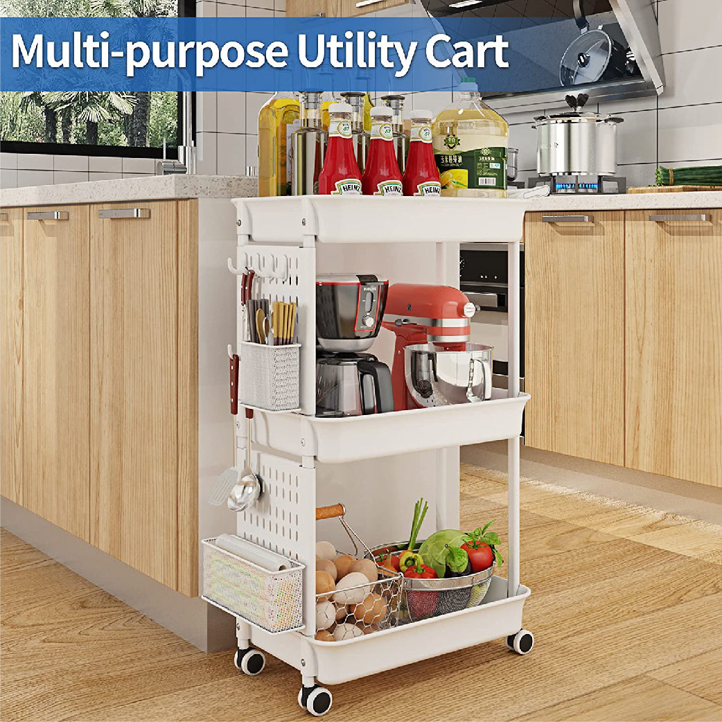 Mcoco 3 Tier Rolling Storage Shelves Cart With Wheels Trolley, White Colour - SN1022