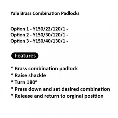 Yale Combination Padlock 22mm, 30mm, 40mm Brass - Y150