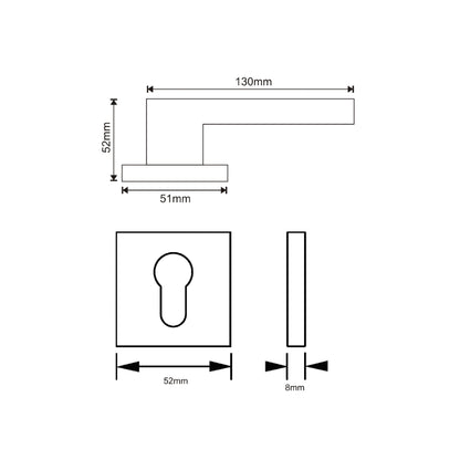 EuroArt Lever Handle On Square Rose Dimension 130x52x51mm Satin Stainless Steel Finish - LRS603SS
