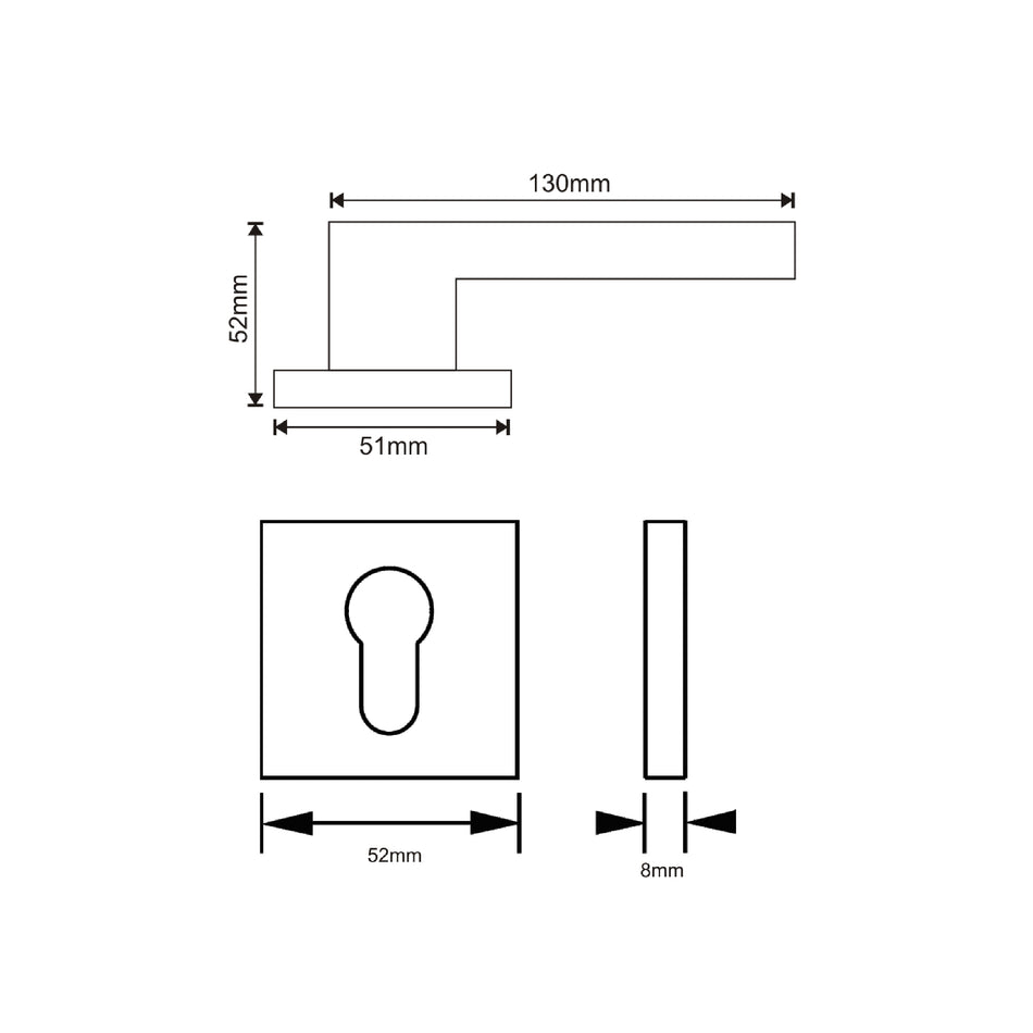 EuroArt Lever Handle On Square Rose Dimension 130x52x51mm Satin Stainless Steel Finish - LRS603SS