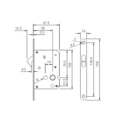 EuroArt Sliding Door Hook Lock For Bathroom 50mm Backset Stainless Steel- HL0050WC.KIT