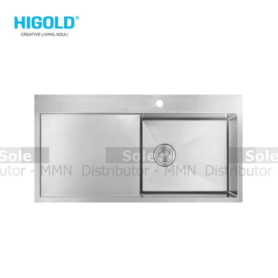 Higold Sink Single Bowl With Left Side Drain Board Dimension 865x510x220mm Stainless Steel Finish  - HG904012