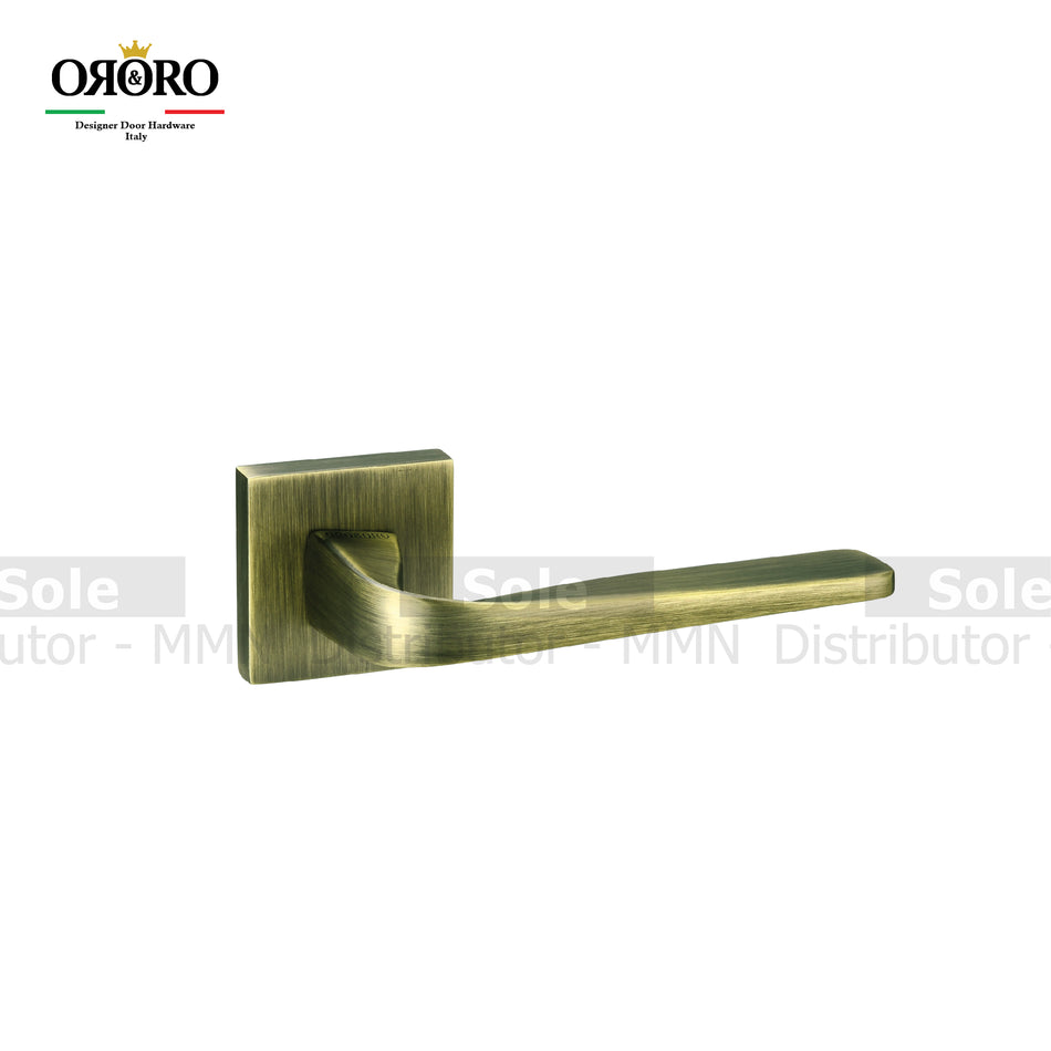 Oro & Oro Main Door Lever Handle On Square Rose With 2 Key Holes Matt Satin Nickel, Matt Antique Brass & Black Finish - ORO07215E
